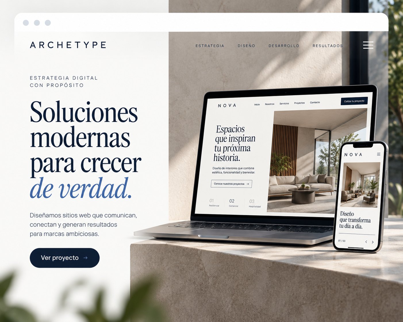 Ejemplo de sitio web diseñado por Kaiser Design, visto en laptop y celular